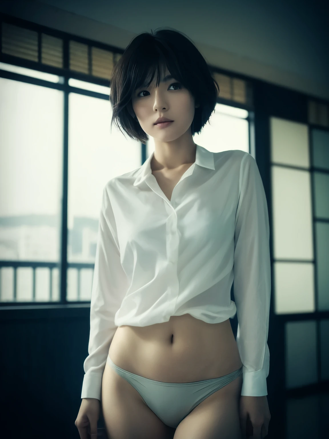 1 girl,Very beautiful 30 year old Japanese woman、Very short hair、Imagine、cleveage、wind、Overcast skies、Model-like figure、 external、shirt、Open your legs、High level of image quality、Best image quality、Look at the camera、Focus on the eyes、Bold、Blade Runner、View from below、thigh、butt、