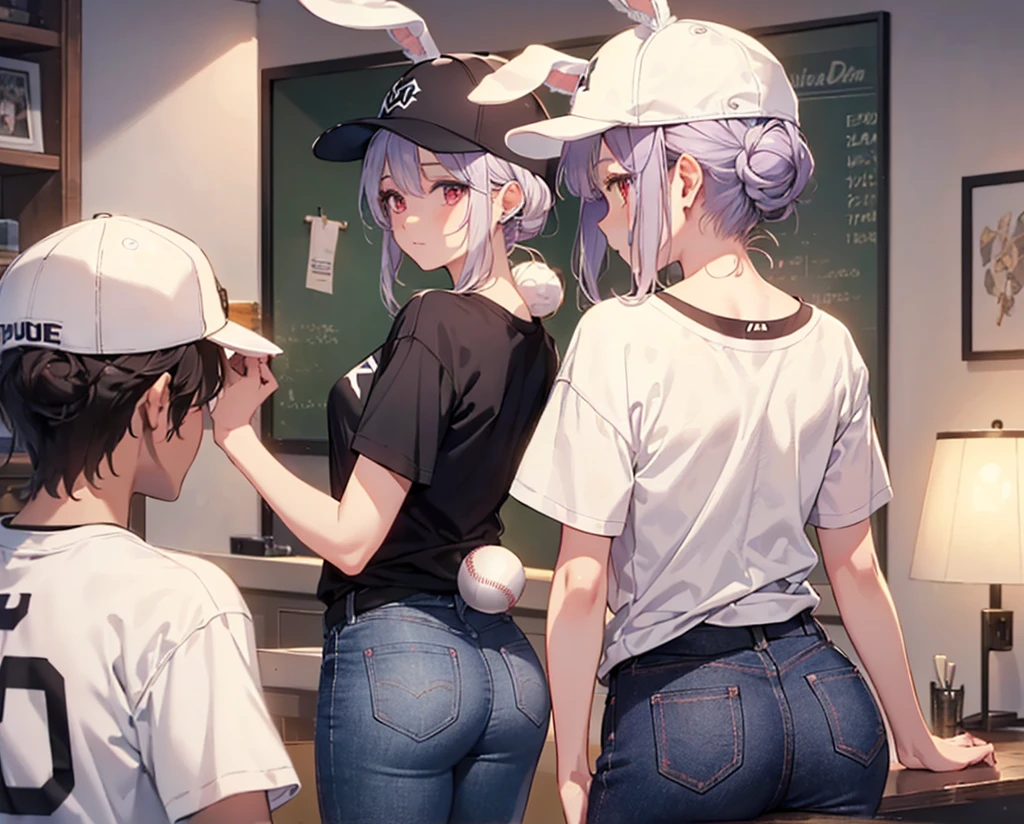 (Close-up:1.3),Realistic,Highest quality, Super detailed, High-quality CG rendering, The most delicate and beautiful, Floating softly, High resolution, (1 girl), (Highest quality,4K,8k,masterpiece:1.2), Light purple hair,(Rabbit ears:1.5),(Hair in a bun:1.5),Red eyes,(Pure white oversized short sleeve T-shirt:1.3),(Black skinny jeans:1.3),(Holding a white baseball cap:1.3),Small room,There is a bed,(Turn your back to your audience:1.3),Butt