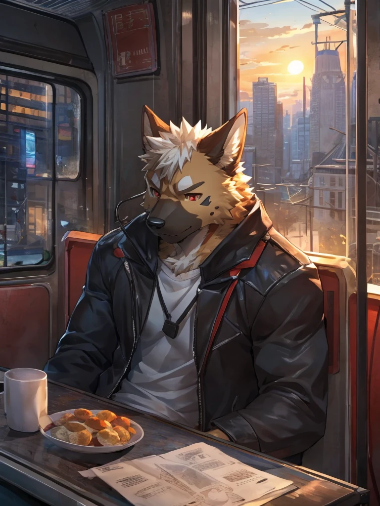 embedding:German Shepherd Dog, male,red eyes,Single person,The side,In the carriage,Look outside,Outside the train is the city.Headset,,Black jacket,The game CG,Illustration,On the tram,The setting sun,Alone,A melancholy atmosphere,Artistic tones,Stand by the window.The highest quality of scene detail,adult,Tall and powerful,muscle，Best quality hands, best quality eye，detailed fur，Delicate eyes.Extreme picture quality，by sollyz,by zixiong,by milkytiger1145