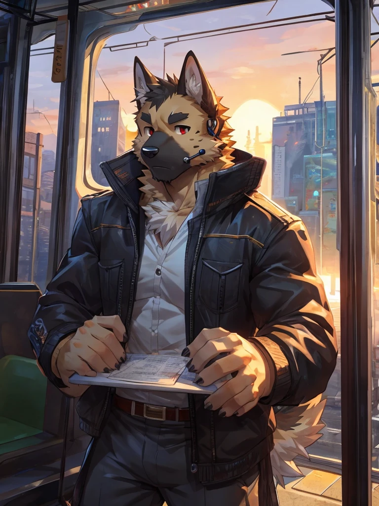 embedding:German Shepherd Dog, male,red eyes,Single person,The side,In the carriage,Look outside,Outside the train is the city.Headset,,Black jacket,The game CG,Illustration,On the tram,The setting sun,Alone,A melancholy atmosphere,Artistic tones,Stand by the window.The highest quality of scene detail,adult,Tall and powerful,muscle，Best quality hands, best quality eye，detailed fur，Delicate eyes.Extreme picture quality，by sollyz,by zixiong,by milkytiger1145