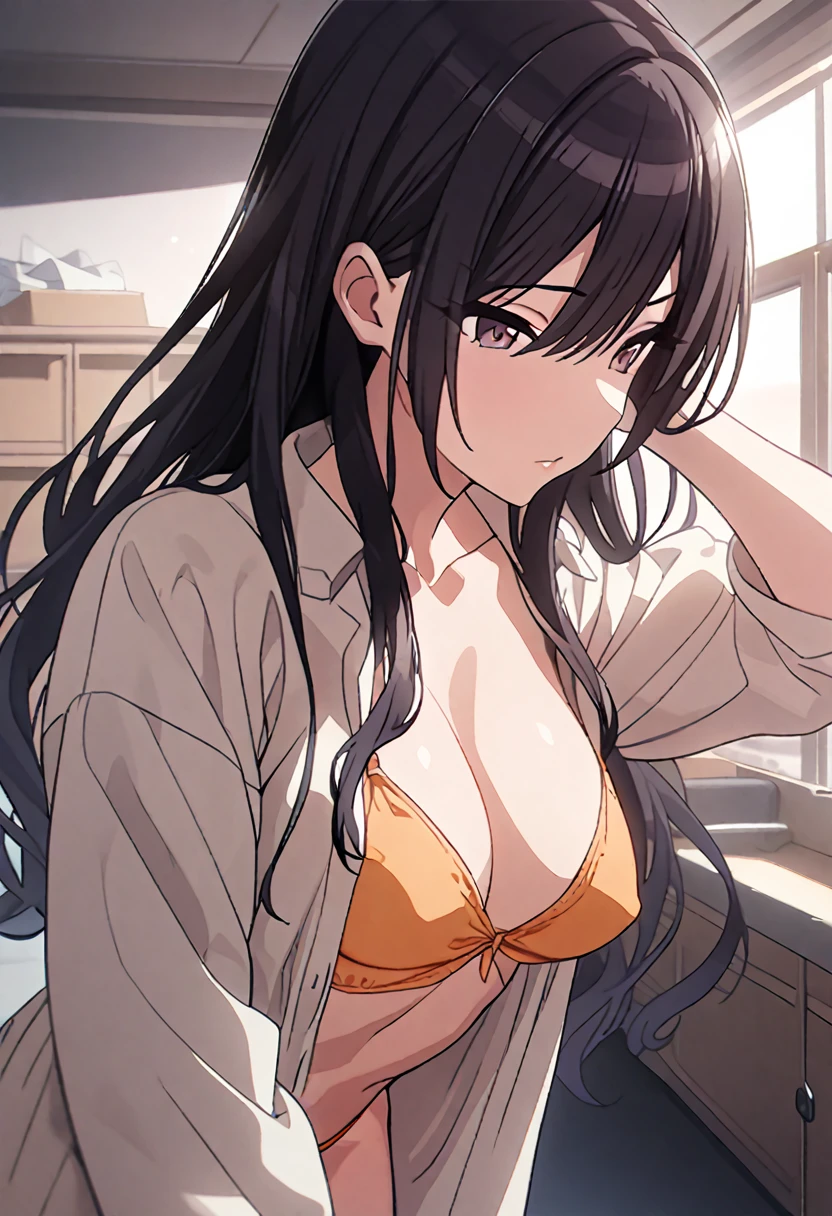 masterpiece, Highest quality, Expressionless, 1 girl, 、Locker Room、Change of clothes、Open shirt、Orange Panties((Black Hair))　　Nipples　Big Breasts　　Look away　　Long Hair
