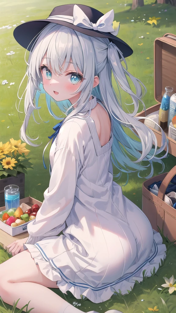 (8k, best quality, master piece: 1.2),super high resolution,1 girl, 独奏, ((colorshift eyes, hyperdetailed, expressive eyes)), ultra-detailed face, random hair, random color, Ecstatic expression, Back view, green々Sitting on the grass、Girl relaxing on a picnic blanket。。White frilly dress、Cardigan with ribbon on the back。A small hat。