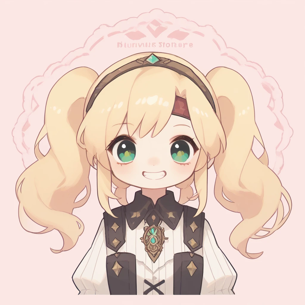 High resolution, masterpiece, accurate, Blonde, amount, One girl, Green Eyes、Light Pink Background、Smiling with teeth showing, Headband, Twin tails, 