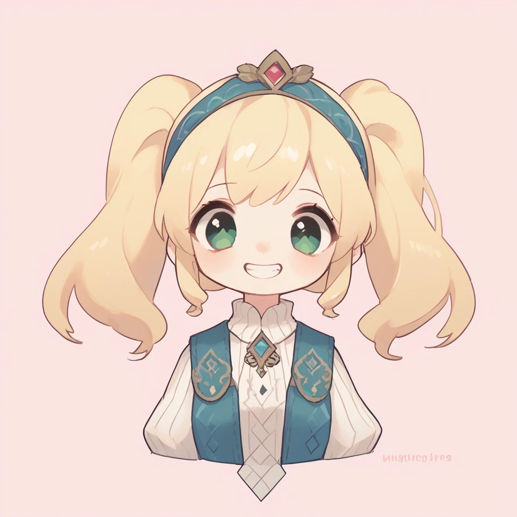 High resolution, masterpiece, accurate, Blonde, amount, One girl, Green Eyes、Light Pink Background、Smiling with teeth showing, Headband, Twin tails,