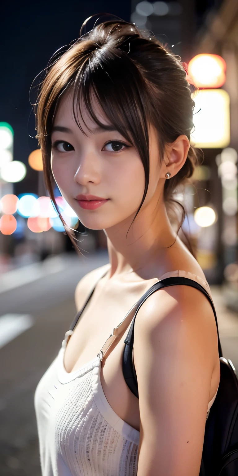 1 girl, Tokyo Street,night, Streetscape,City lights,Upper Body,close,smile,, (8k, RAW Photos, Highest quality, masterpiece:1.2),(Realistic, photo-Realistic:1.37),