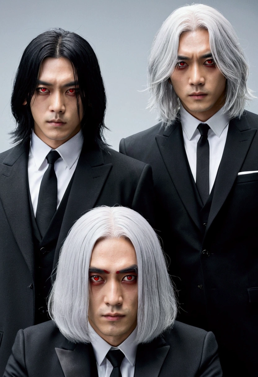 2 men、(Silver hair with one eye hidden by long hair、Long Hair、Black clothes、Black coat、first round、Red eyes)、(Shoulder-length bob black hair、Black suit、Black tie、black eye)、Expressionless、look down、Ready your gun?、Near future