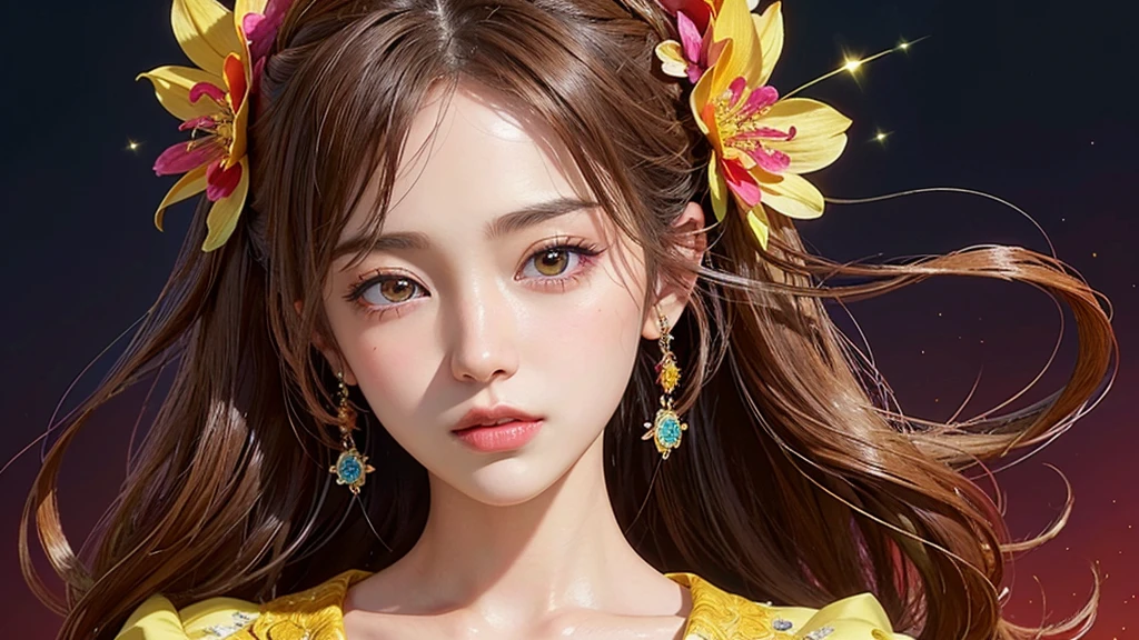 One girl, alone, flower畑, flower, (Official Art, unity 8k wallpaper, Super detailed, beautifully、aesthetic, masterpiece ,Highest quality:1.3), (Dynamic Angle:1.2), (Floating colorful sparkles:1) , elegant, Vibrant colors, Highly detailed face, Detailed eyes, Glowing Skin, Glossy Lips , Red and yellow background, Brown Hair,