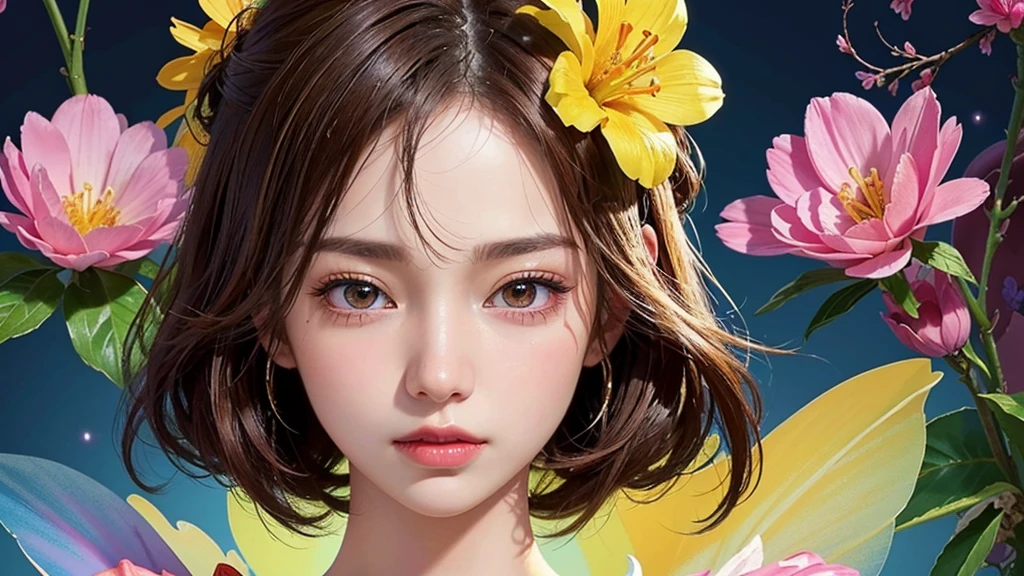 One girl, alone, flower畑, flower, (Official Art, unity 8k wallpaper, Super detailed, beautifully、aesthetic, masterpiece ,Highest quality:1.3), (Dynamic Angle:1.2), (Floating colorful sparkles:1) , elegant, Vibrant colors, Highly detailed face, Detailed eyes, Glowing Skin, Glossy Lips , Red and yellow background, Brown Hair,