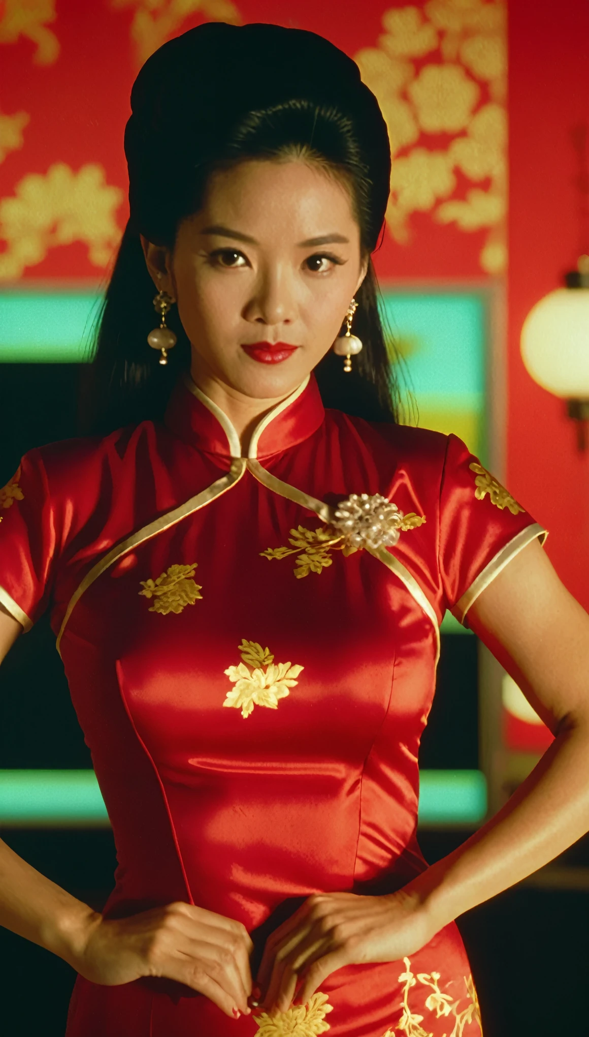 A screen grab from an old VHS tape shows a woman in a red cheongsam facing the camera and posing with her hands on her hips. The background lighting has made everything look slightly out of focus, and there is some noise around the edges of the video. She looks like a flirty professional dancer in the style of an old VHS tape.