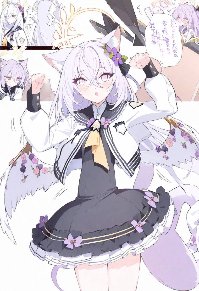 azusa \(blue archive\), 1girl :o afterimage ahoge animal_ears black_dress blush cat cat_ears clenched_hands cropped_jacket crossed_bangs dress ear_wiggle hair_between_eyes halo hands_up jacket kemonomimi_mode long_hair long_sleeves looking_at_viewer motion_lines pink_eyes purple_hair simple_background solo tail tail_wagging white_background white_jacket wings