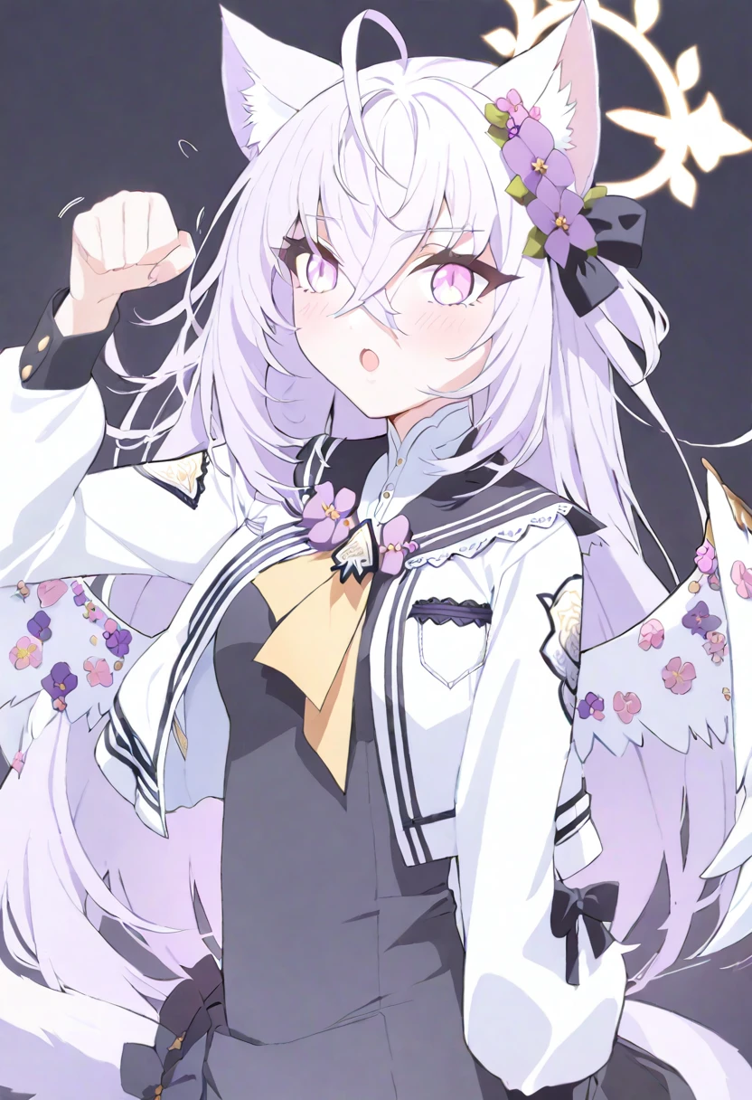 azusa \(blue archive\), 1girl :o afterimage ahoge animal_ears black_dress blush cat cat_ears clenched_hands cropped_jacket crossed_bangs dress ear_wiggle hair_between_eyes halo hands_up jacket kemonomimi_mode long_hair long_sleeves looking_at_viewer motion_lines pink_eyes purple_hair simple_background solo tail tail_wagging white_background white_jacket wings