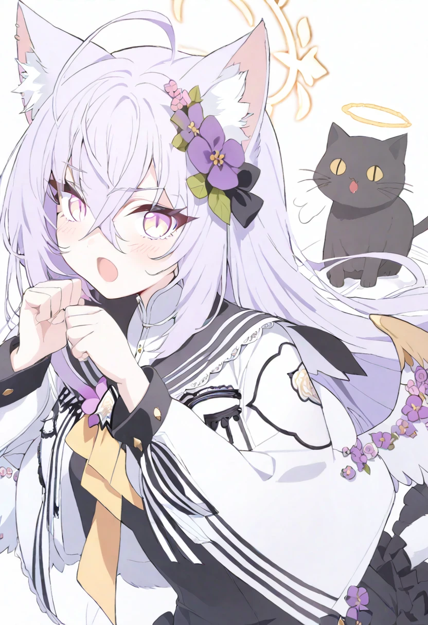 azusa \(blue archive\), 1girl :o afterimage ahoge animal_ears black_dress blush cat cat_ears clenched_hands cropped_jacket crossed_bangs dress ear_wiggle hair_between_eyes halo hands_up jacket kemonomimi_mode long_hair long_sleeves looking_at_viewer motion_lines pink_eyes purple_hair simple_background solo tail tail_wagging white_background white_jacket wings