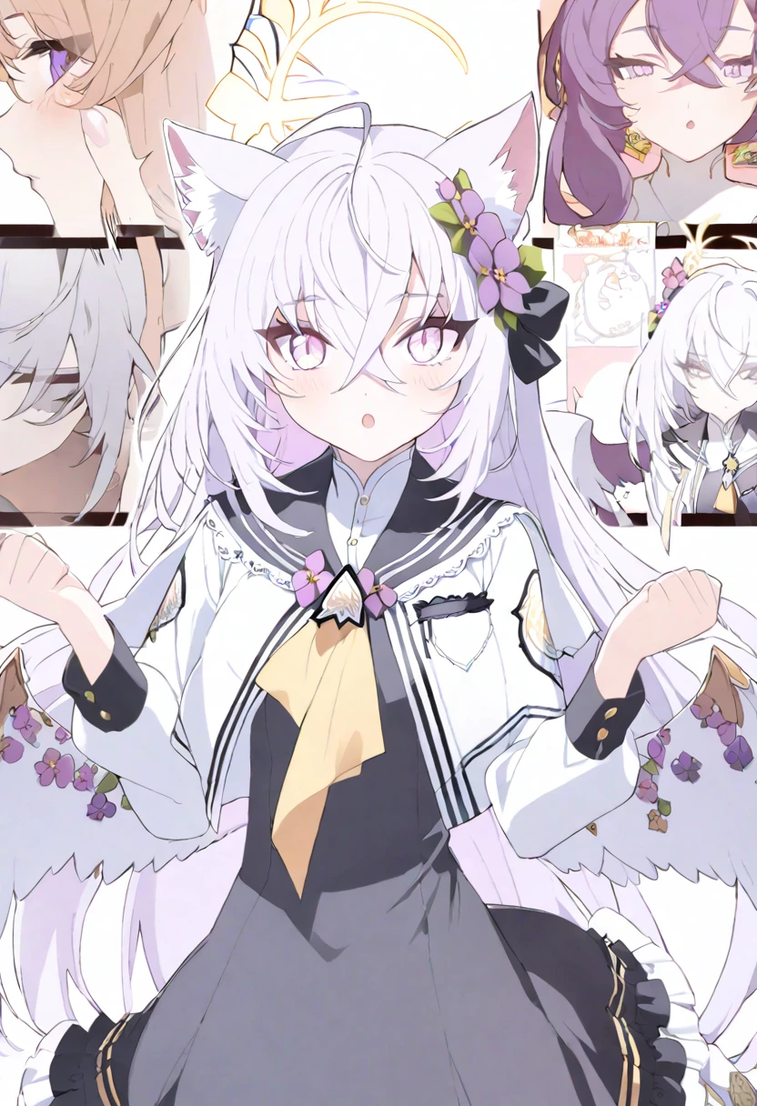   azusa \(blue archive\),  1girl :o afterimage ahoge animal_ears black_dress blush cat cat_ears clenched_hands cropped_jacket crossed_bangs dress ear_wiggle hair_between_eyes halo hands_up jacket kemonomimi_mode long_hair long_sleeves looking_at_viewer motion_lines pink_eyes purple_hair simple_background solo tail tail_wagging white_background white_jacket wings