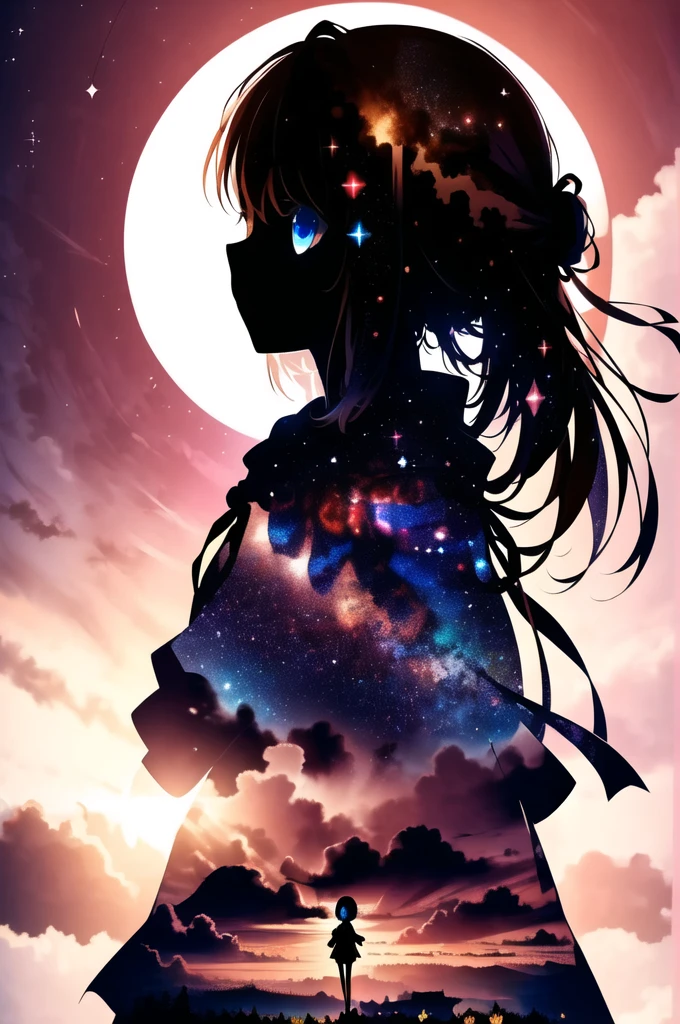 masterpiece, Highest quality, One girl, alone, (silhouette:1.3), Glowing Eyes, Beautiful Eyes, star (null), profile,  