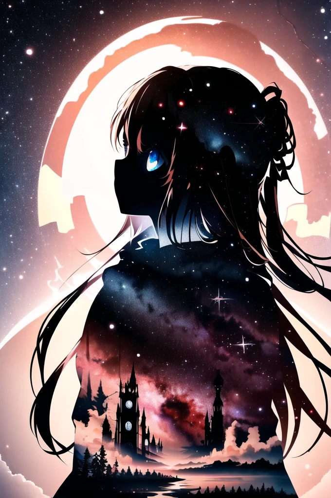 masterpiece, Highest quality, One girl, alone, (silhouette:1.3), Glowing Eyes, Beautiful Eyes, star (null), profile,