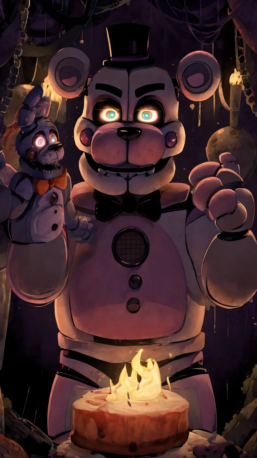 Five nights at freddys pizzaria, ruin pizzaria, glowing animatronic eyes in the dark, freddy fazbear