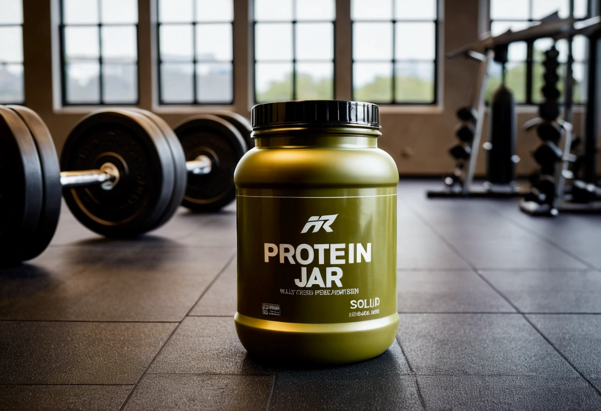 a picture of a protein jar (solid color jar) on the floor (no label on the jar), gym in the background like in a commercial, gym out of focus (remove the exercise equipment in the background)