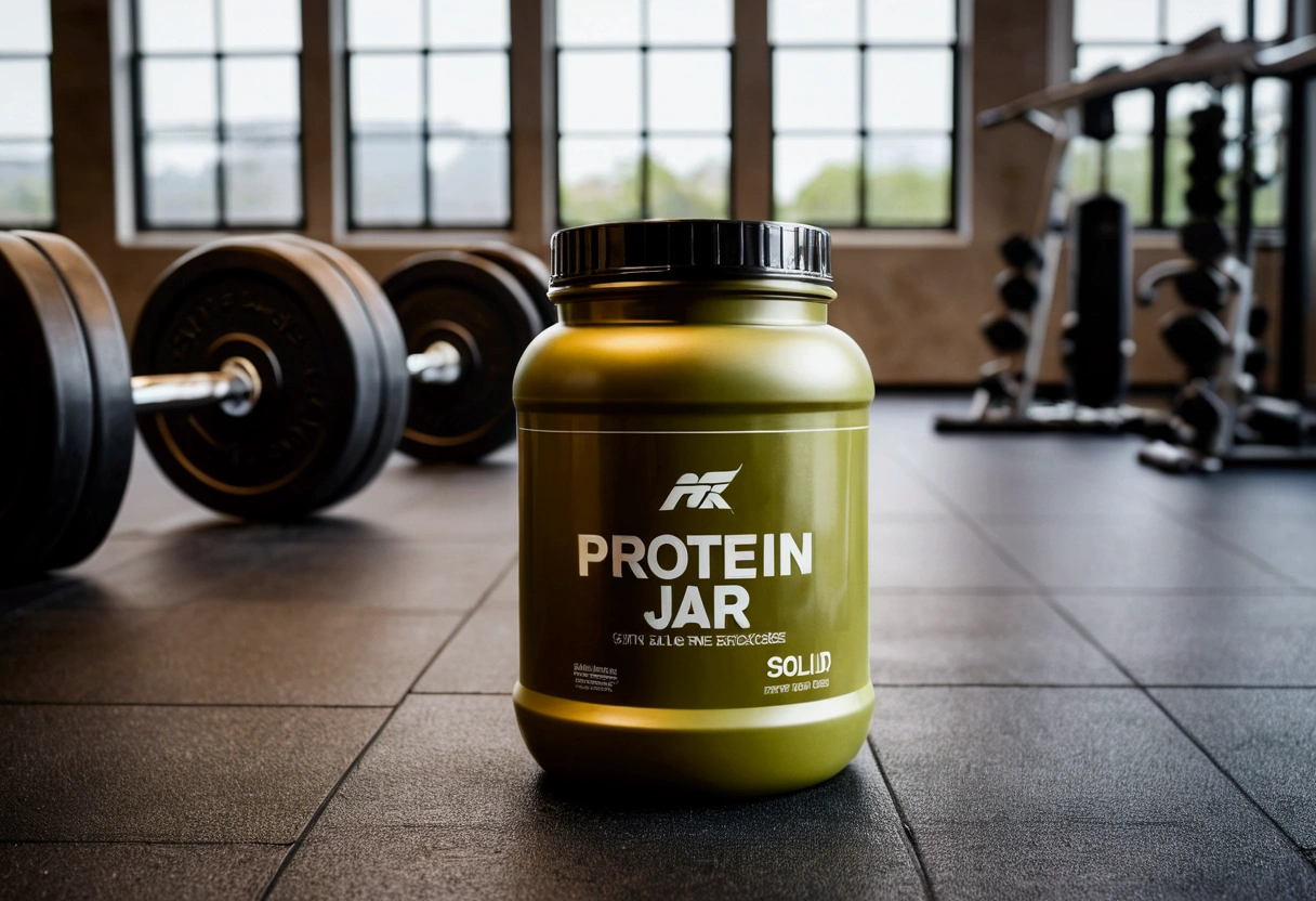 a picture of a protein jar (solid color jar) on the floor (no label on the jar), gym in the background like in a commercial, gym out of focus (remove the exercise equipment in the background)