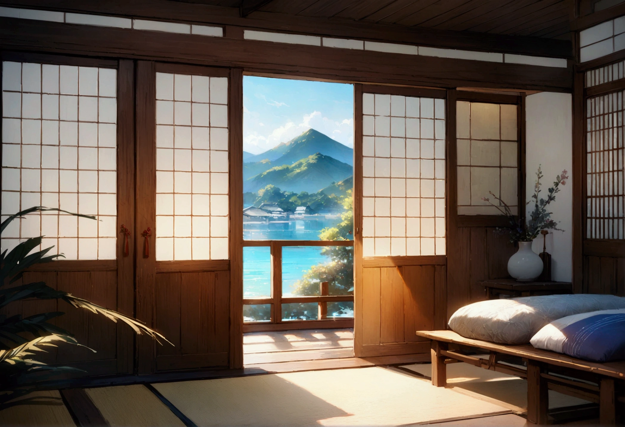 Holiday Homes, Large windows and beautiful Japanese scenery,Japanese-style interior,Inside the room,Blur the background,Pleasant sea breeze,Glitter effect,Highest quality, 8k, High resolution, masterpiece:1.2, Very detailed, Realistic:1.37, High resolution, 超High resolution, Ultra-fine painting, Very detailed, Professional, Vibrant colors