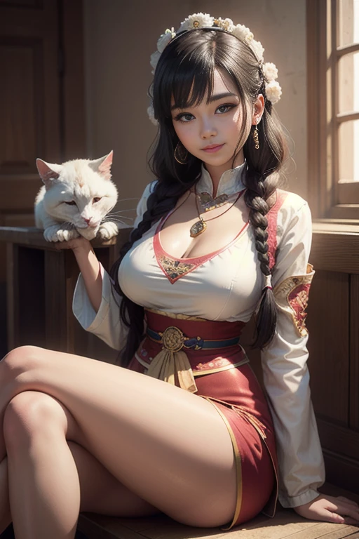 (thick thighs:1.4)(long legs:1.4)(slim thick)(large breast)full body portrait, A woman, long braids, Tibetan girl, close up, head slightly raised, smile, appearance Yang transcendence, beautiful tibetan costume, cumbersome tibetan necklace, cumbersome tibetan headdress, lint on clothes, white animal flu, real person CG, sweet style, cinematic style, 4k high definition