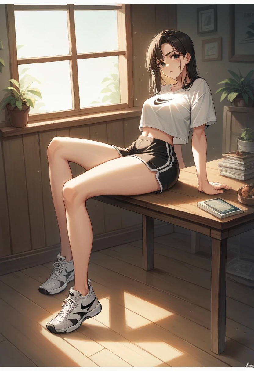 "A  girl A super realistic Full HD image showing a pair of Nike sneakers on a rustic wooden table. The sneakers are white with black details and the Nike logo visible on the side.. The scene is illuminated by natural light that enters through the window in the background., creating soft shadows and highlighting the sneakers&#39; textural details. No fundo, there is an exposed brick wall and a green plant in a pot, adding a touch of color and nature to the environment. The image conveys a feeling of quality and modern style."
