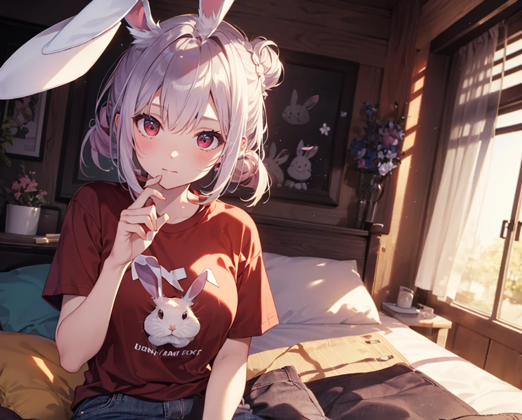 (Close-up:1.3),Realistic,Highest quality, Super detailed, High-quality CG rendering, The most delicate and beautiful, Floating softly, High resolution, (1 girl), (Highest quality,4K,8k,masterpiece:1.2), Light purple hair,(Rabbit ears:1.5),(Hair in a bun:1.5),Red eyes,(Pure white oversized short sleeve T-shirt:1.3),(Black skinny jeans:1.3),Small room,There is a bed,front,Shy face