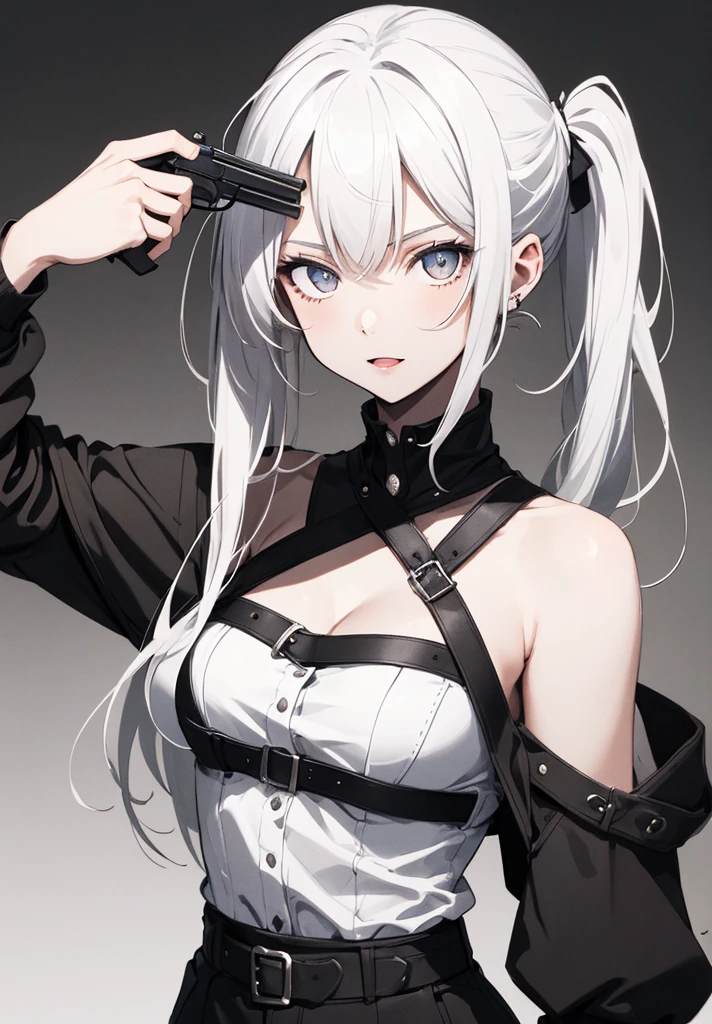 1 girl, masterpiece, Best Quality, g2h, pistol a la cabeza, pistol, holding the gun, cowboy shot, Grinding, safe, perfect face,expressive eyes,devil, craziness, High details, instead,contrast, darkness, mature woman