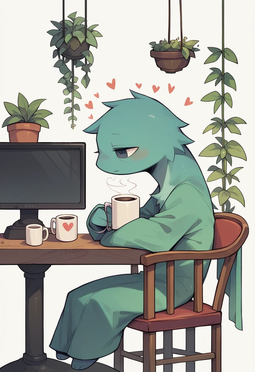 SD Main, Flat Illustration,
masterpiece, Highest quality,,No humans, Mug, plant, ox, cup, Chair, heart, potted plant, White Background, coffee Mug, Sitting, alone, play video games, monitor