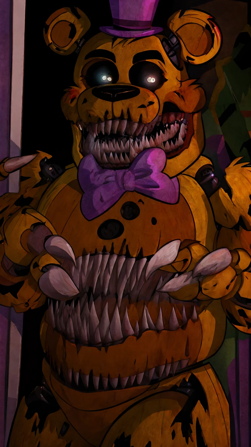 Five nights at freddys pizzaria, ruin pizzaria, glowing animatronic eyes in the dark, freddy fazbear