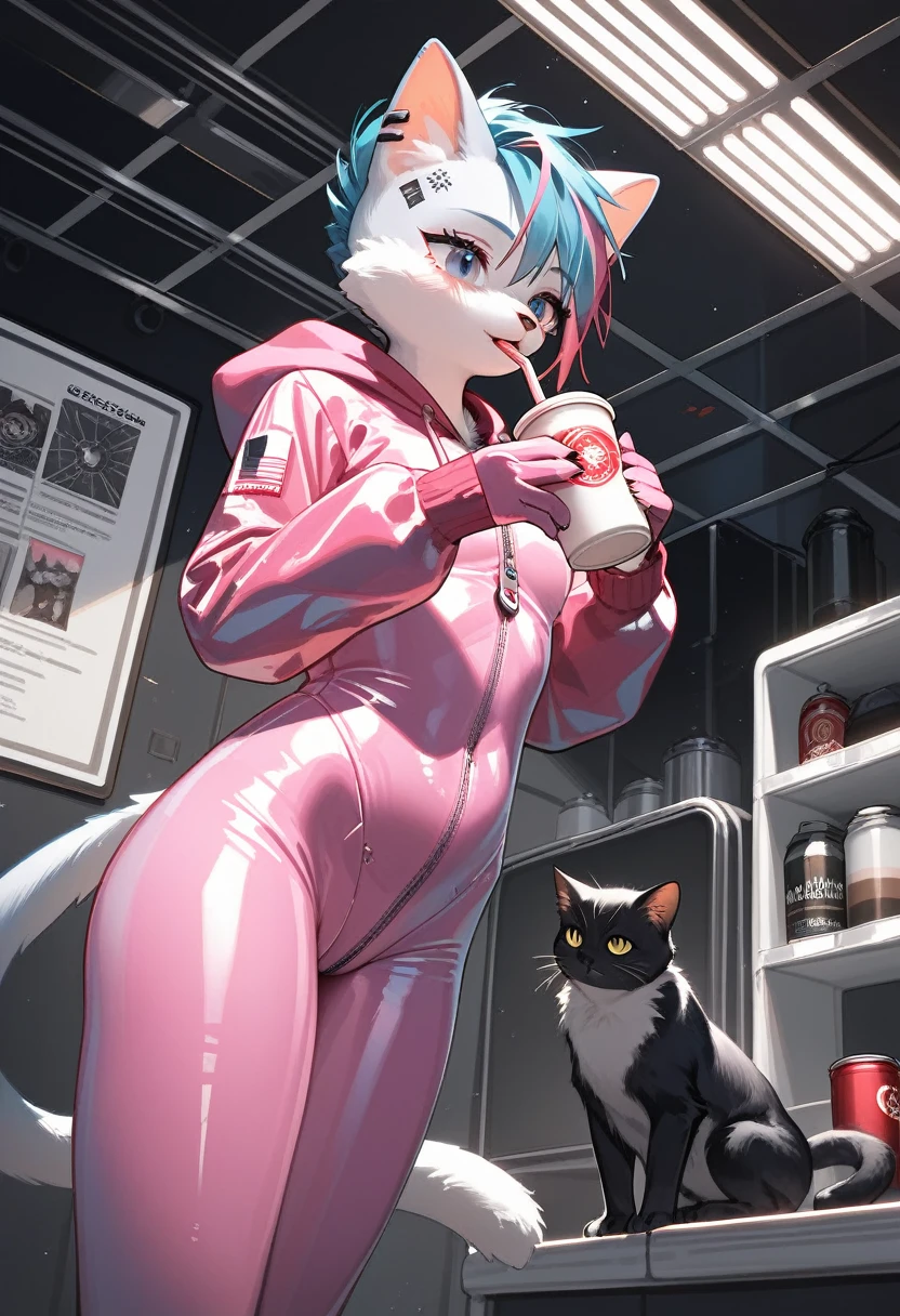 Felicia, blue hair, green eyes, cute smile, happy, big breats, big ass, in a train with a cat theme, sitting in a table drinking coffe. 