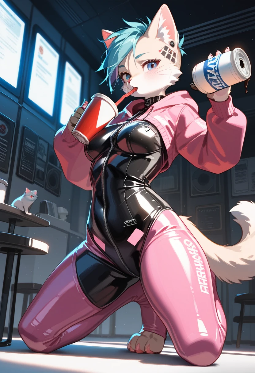 Highest quality, Highest quality, High quality illustrations, masterpiece, Ultra-high resolution, Detailed Background, room, Absurd, Perfect Anatomy, performance, Good lighting, Shadows in the movies(kemono, Furry PersonifiCation), Cat, Rubber Suit, latex, neon, neonライト, neonカラー, Bodysuits, Cyber Suit, cyber punk, Pink Rubber Hoodie, Drinking canned coffee, Earrings, Tattoo, Dynamic Angle
