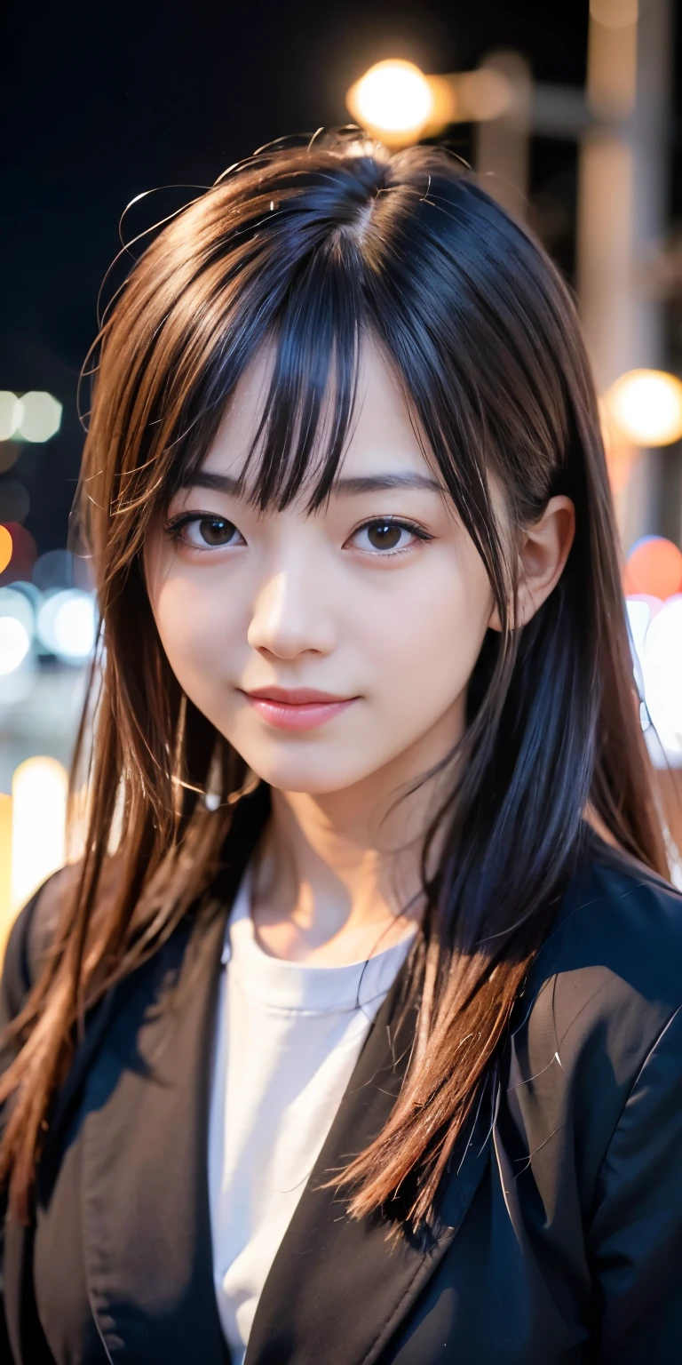 1 girl, Tokyo Street,night, Streetscape,City lights,Upper Body,close,smile,, (8k, RAW Photos, Highest quality, masterpiece:1.2),(Realistic, photo-Realistic:1.37),
