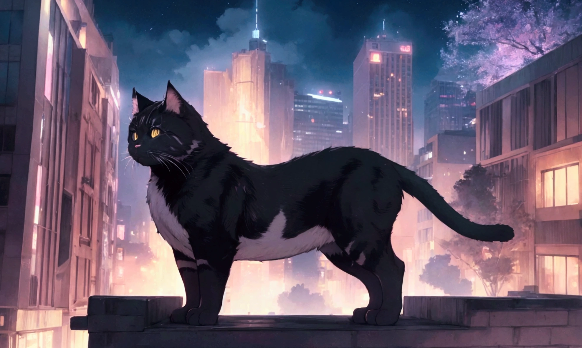score_9,(best quality,4k,8k,highres,masterpiece:1.2),a ultra-gigantic cat sits on a building, crowd, city, from below, cinematic angle, anime, ultra-detailed,vivid colors,dramatic lighting,