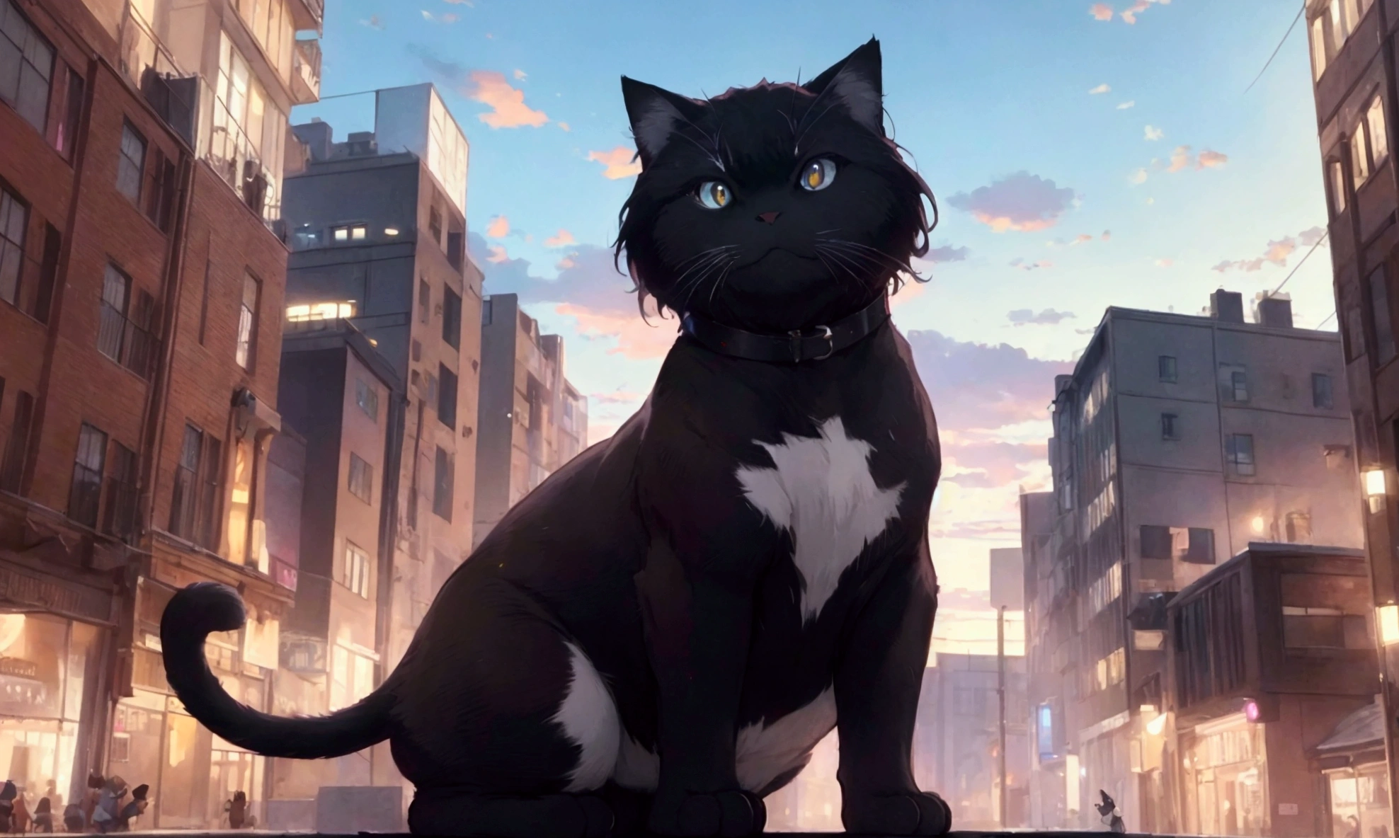score_9,(best quality,4k,8k,highres,masterpiece:1.2),a ultra-gigantic cat sits on a building, crowd, city, from below, cinematic angle, anime, ultra-detailed,vivid colors,dramatic lighting,
