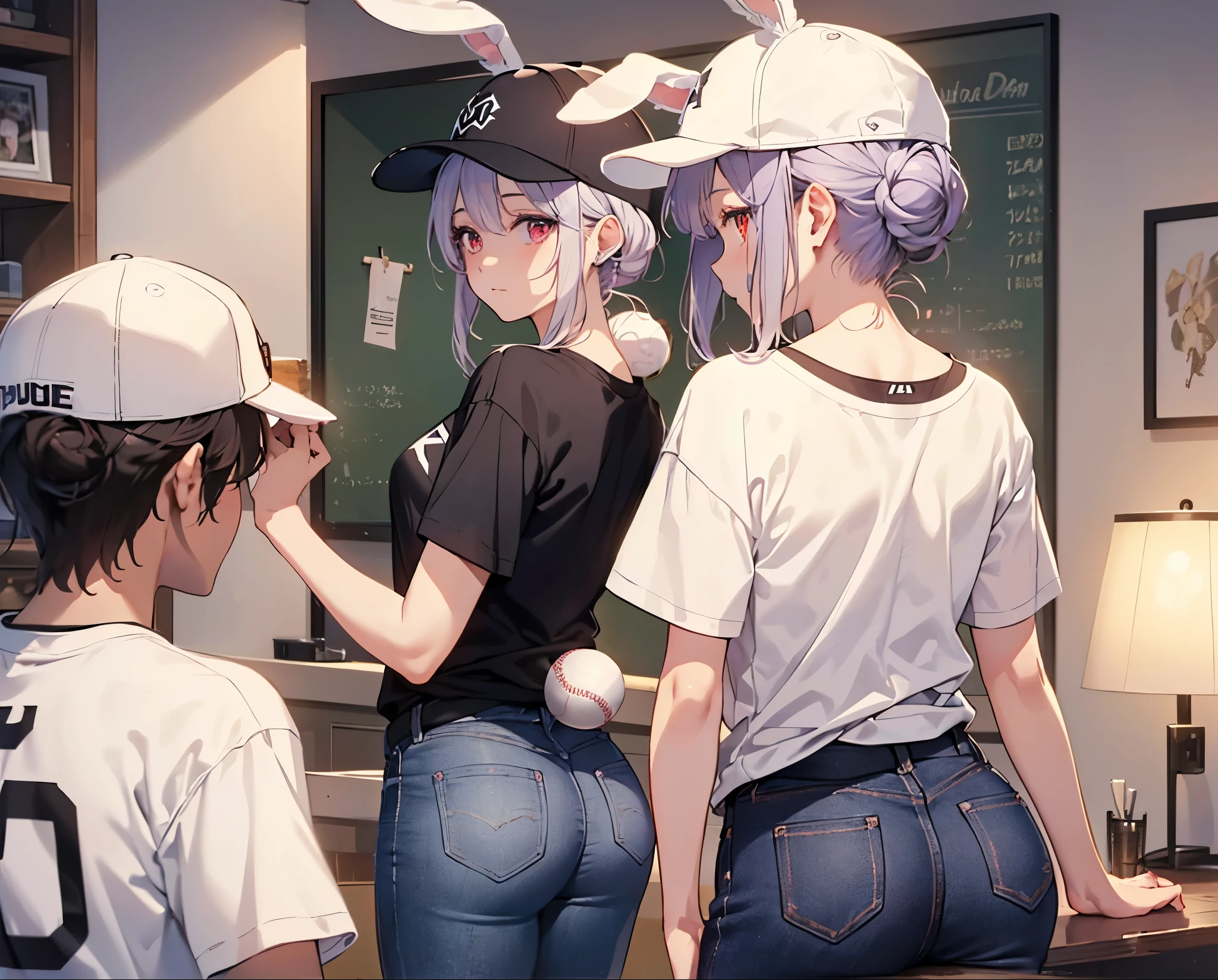 (Close-up:1.3),Realistic,Highest quality, Super detailed, High-quality CG rendering, The most delicate and beautiful, Floating softly, High resolution, (1 girl), (Highest quality,4K,8k,masterpiece:1.2), Light purple hair,(Rabbit ears:1.5),(Hair in a bun:1.5),Red eyes,(Pure white oversized short sleeve T-shirt:1.3),(Black skinny jeans:1.3),(Holding a white baseball cap:1.3),Small room,There is a bed,(Turn your back to your audience:1.3),Butt