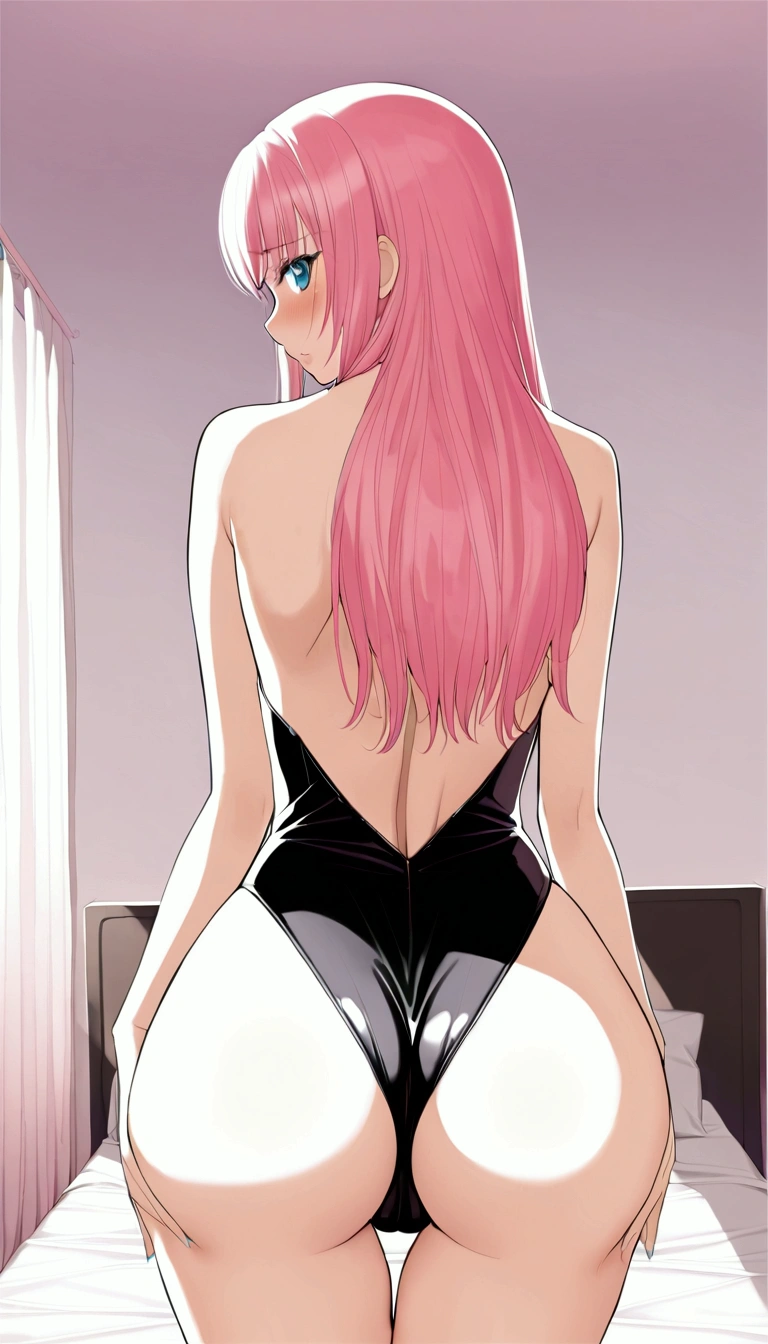 masterpiece,Beautiful adult woman ,Megurine Luka,Big Breasts,Bunny girl,Black leotard,Pink long hair,blue eyes,Embarrassed expression,blush,Back view,Stick your ass out here, Show your ass,Bedroom,Complete human body