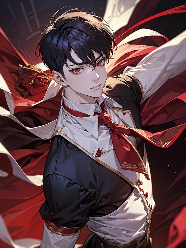 boy, red eyes, red curry hair. sadistic, t shirt. he so arrogant. handsome man. very short hair. like a man. gentleman. like a prince, background in mansion, kind smiling. he is vampire noble. have bangs