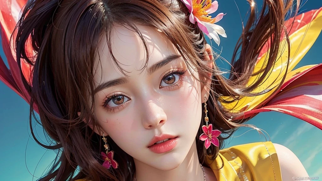 
One girl, alone, flower畑, flower, (Official Art, unity 8k wallpaper, Super detailed, beautifully、aesthetic, masterpiece ,Highest quality:1.3), (Dynamic Angle:1.4), (Floating colorful sparkles:1) , elegant, Vibrant colors, Highly detailed face, Detailed eyes, Glowing Skin, Glossy Lips , Red and yellow background, Brown Hair,