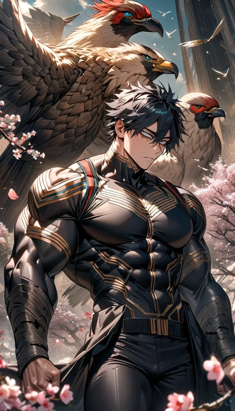 most absurd, highres, extremely detail, HDR, masterpiece, Extremely detailed face and eyes, Dhabi, black hair framed his head, hair between the eyes, expressive turquoise eyes, boku no hero academia, alone, Sexy Mann, Good looking, black coat, black tight shirt, black pants, Spring, blossoms, blossomsblätter, Birds, muscular , muscular legs , muscular arms, Muscular upper body, muscular abdominal muscles , muscular shoulders, muscular body