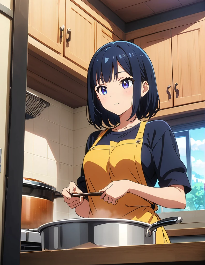 (anime artwork, anime style, studio anime, very detailed, up to date, vibrant, Anime Coloring, high contrast, masterpiece:1.2, best quality, best aesthetics),2 girl, Medium chest, A glimpse of thighs,random hair, One eye is hidden by the bangs, perfect proportions, high detail skin, Cute, detailed faces,kitchen, precise fingers,cooking,apron on naked body,