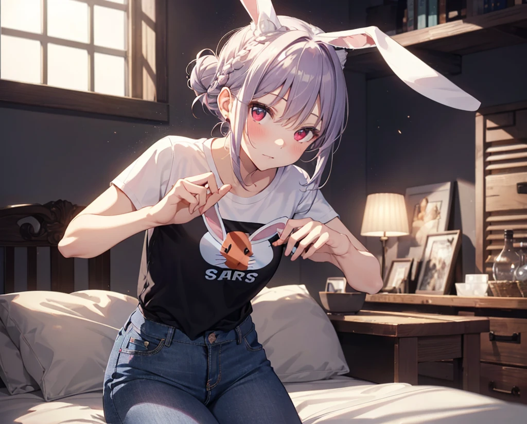 (Close-up:1.3),Realistic,Highest quality, Super detailed, High-quality CG rendering, The most delicate and beautiful, Floating softly, High resolution, (1 girl), (Highest quality,4K,8k,masterpiece:1.2), Light purple hair,(Rabbit ears:1.5),(Hair in a bun:1.5),Red eyes,(Pure white oversized short sleeve T-shirt:1.3),(Black skinny jeans:1.3),Small room,There is a bed,front,Shy face