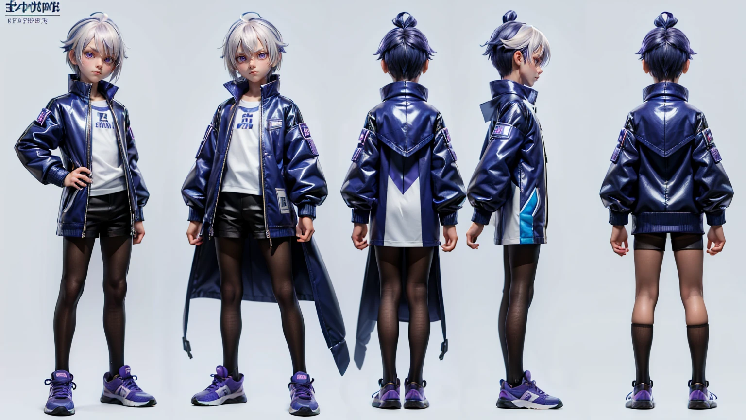 cute face boy, cute face, short height boy, wearing casual futuristic purple pent, full standing pose, blue long style hairs, white hair, sports shoes, Character Sheet, , Full body, Simple white background, front pose character reference sheet, Concept art, design sheet
