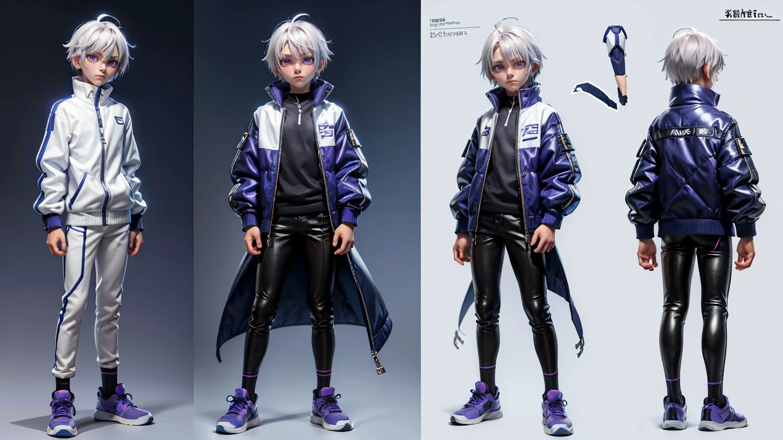 cute face boy, cute face, short height boy, wearing casual futuristic purple color pent, purple dress, full standing pose, Fade white hairs, Fade white hair style, sports shoes, Character Sheet, 12 yo student, Full body, Simple white background, front straight pose character reference sheet, Concept art, design sheet