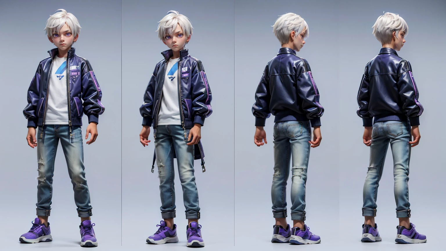 cute face boy, cute face, short height boy, wearing casual futuristic purple pent, full standing pose, blue long style hairs, white hair, sports shoes, Character Sheet, 12 yo student, Full body, Simple white background, front pose character reference sheet, Concept art, design sheet