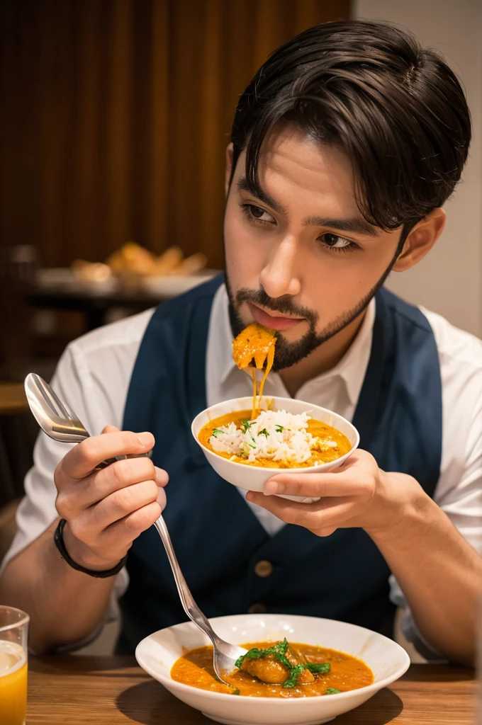 Handsome man eating curry with his hands