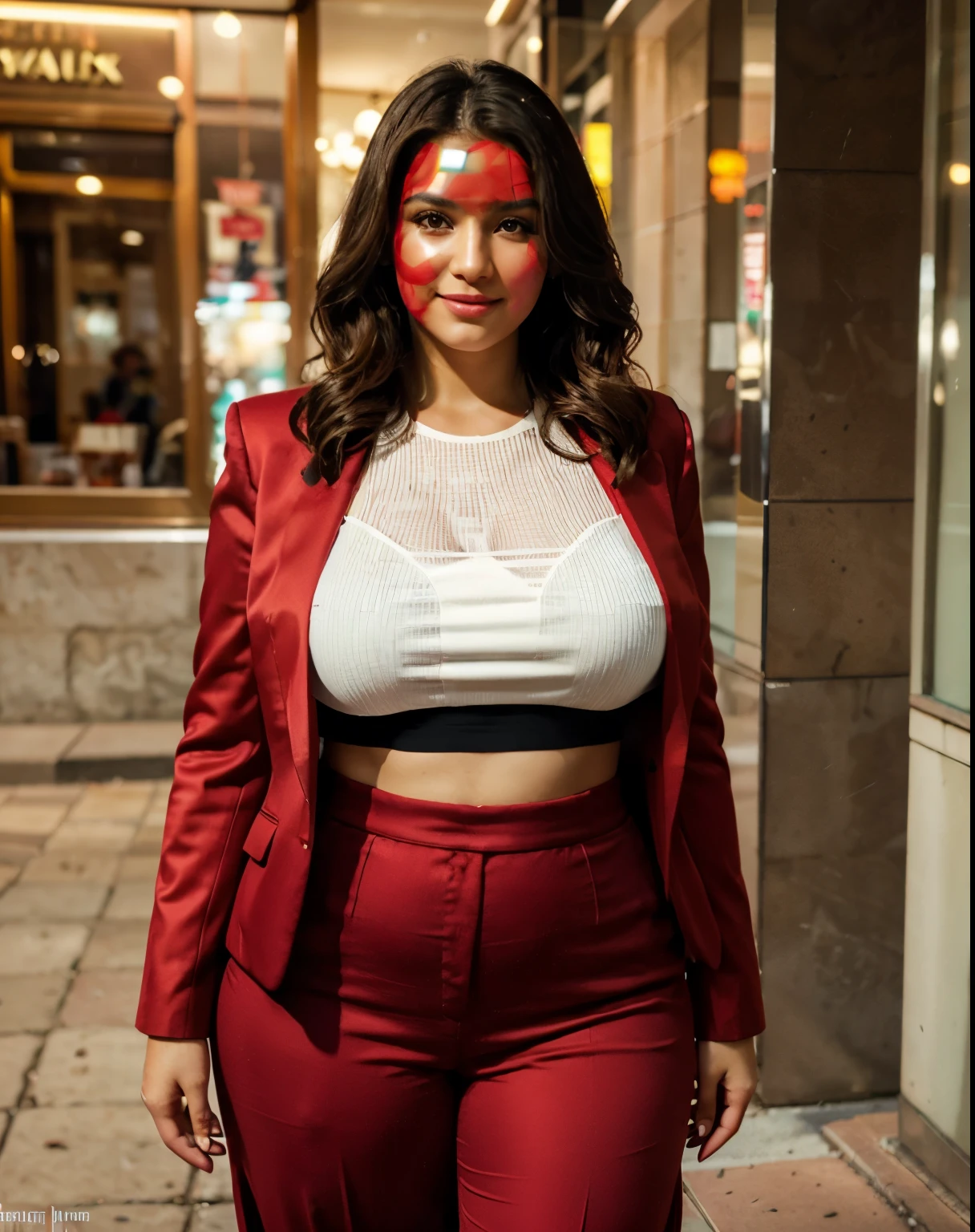 Beautiful Moroccan dark brown eyes, 28 years old, woman in a red blazer, woman in a red pants, red blazer, stylish red wide leg pants, full body view, elegant red outfit, New York City, romantic setting, almond-shaped eyes, oval face shape, plus size body,  ((extra large body)), ((XXL body)), prominent cheekbones, naturally wavy hair, high resolution, masterpiece, best quality, complex details, highly detailed, sharpness, detailed skin texture, eye details, profession, 4k resolution, charming smile, shot with Conon, depth of field, kodak vision color, 100kg, extremely detailed, ultra-realistic photography ,photo realistic, post processing, maximum detail, true to life