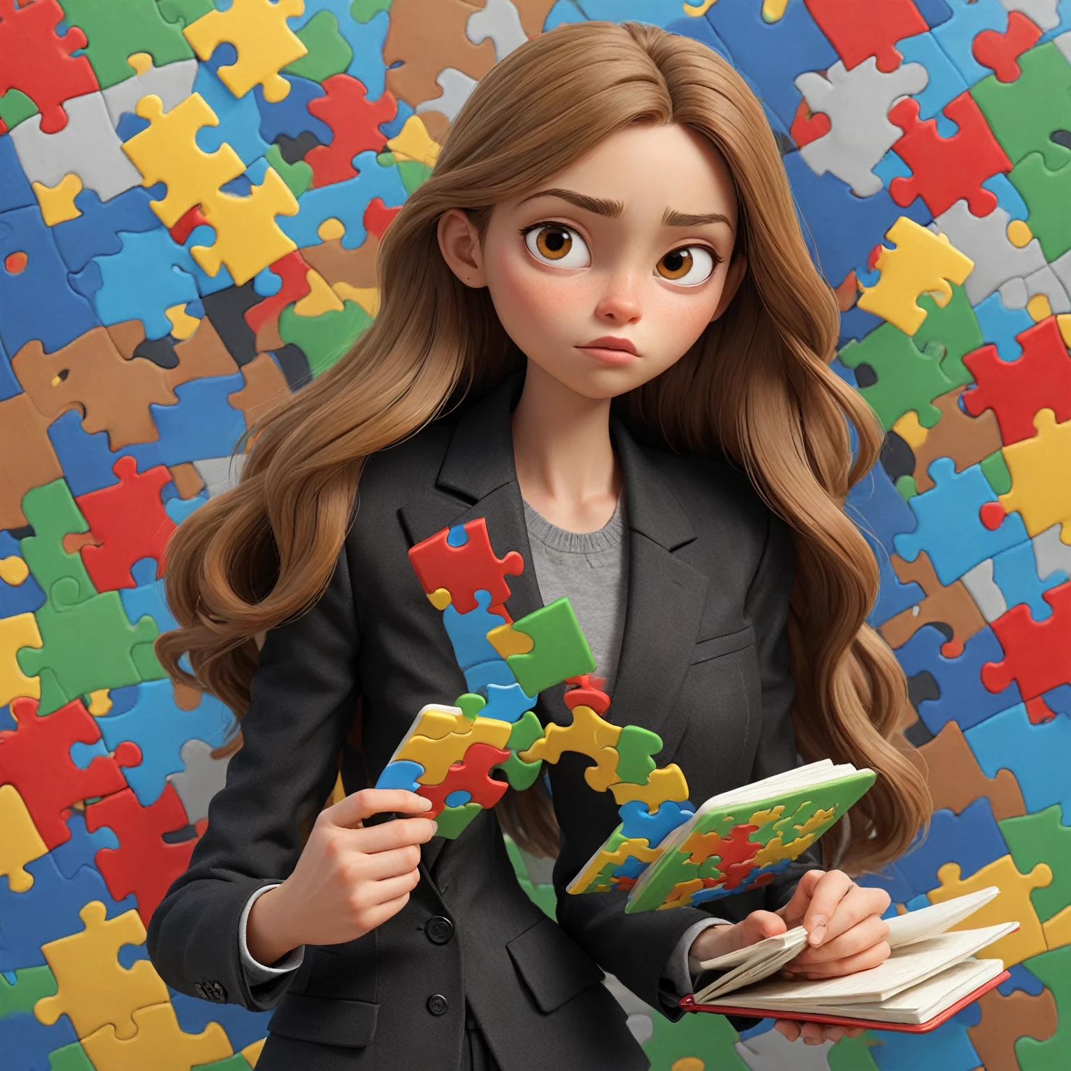 3D Pixar style poster. woman with light skin, super straight light brown hair, light brown eyes, black blazer, black jeans, gray shirt, white sneakers, notebook in hand, background with red, blue, green and yellow puzzles.