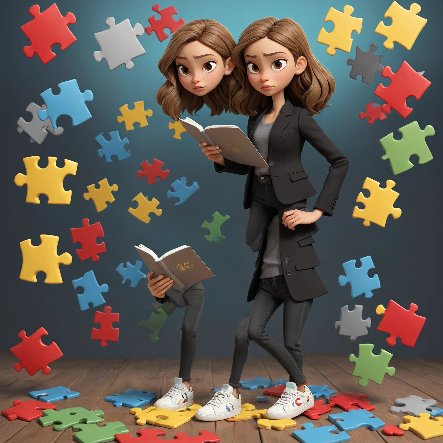 3D Pixar style poster. woman with light skin, super straight light brown hair, light brown eyes, black blazer, black jeans, gray shirt, white sneakers, notebook in hand, background with red, blue, green and yellow puzzles.