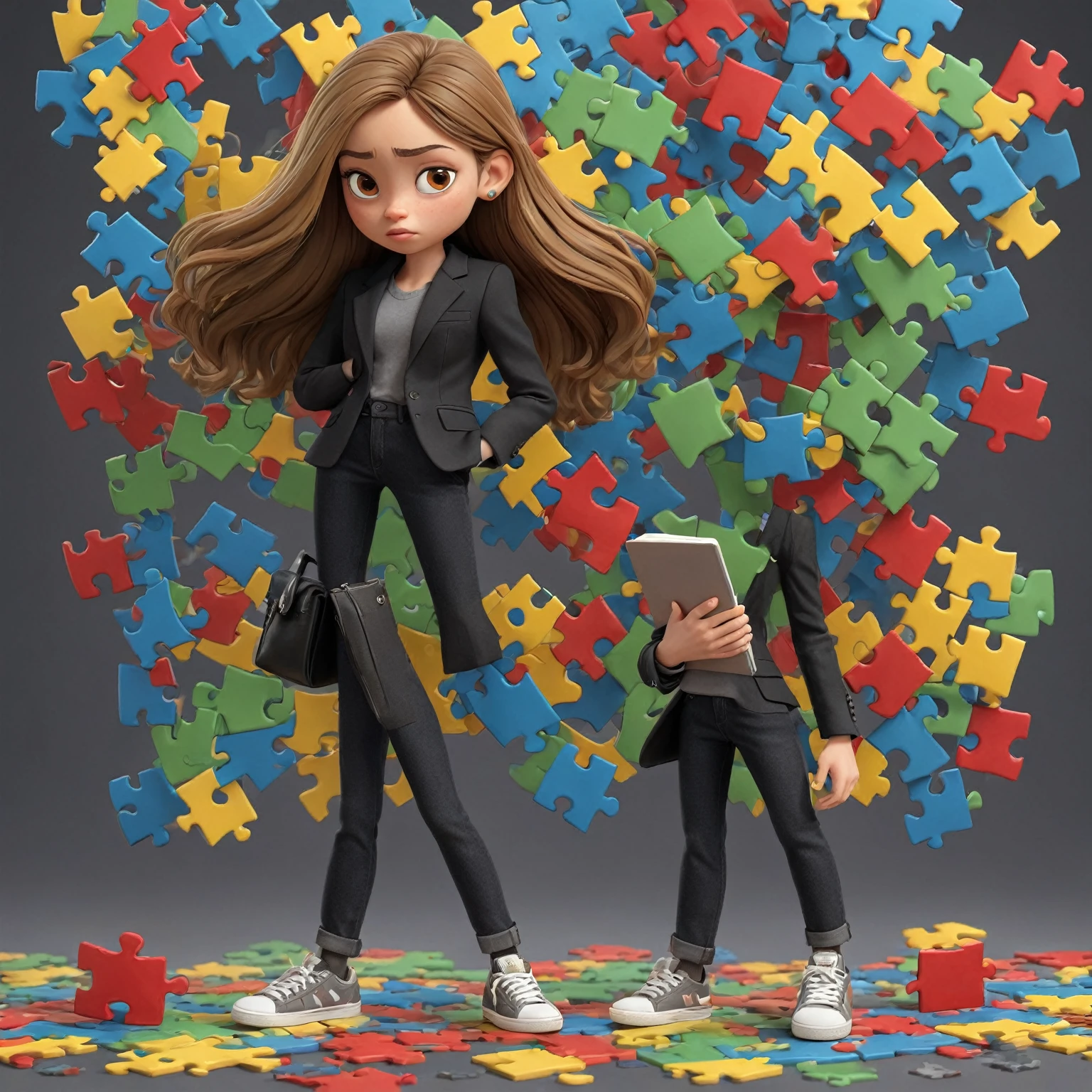 3D Pixar style poster. woman with light skin, super straight light brown hair, light brown eyes, black blazer, black jeans, gray shirt, white sneakers, notebook in hand, background with red, blue, green and yellow puzzles.
