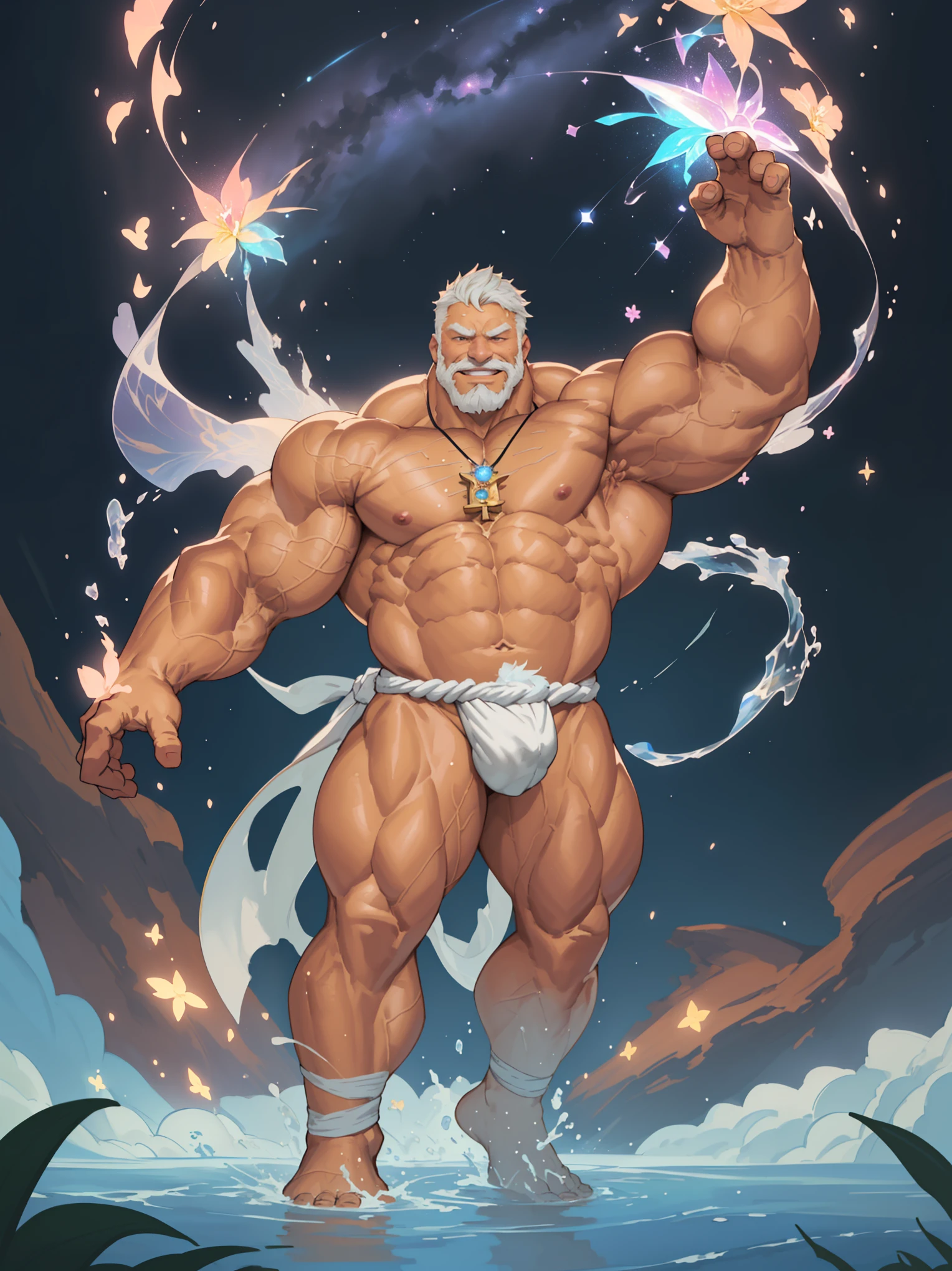 ((((((1man,solo,male)))))) ((FULL BODY POSE)) ((((((NAKED)))))) (((WEAR FUNDOSHI)))) ((GIGACHAD GIANT MUSCULAR BODY)) ((( HUGE MUSCLE, OLD MAN, PECTORAL, HUGE ARMS, BIG THIGH, SEXY POSE))) (((WEAR FUNDOSHI))) (RYU FROM STREET FIGHTER) WEAR (KARATE COSTUME LUXURY ARISTOCRAT NOBLE COSTUME | FLOATING IN THE WATER WITH STARS (SPARKLE) (FLOWER) BACKGROUND IS BLUE SKY ((PARADISE)) | big CHEST, FULL BODY, large ASS, open legs, show BULGE, smile, portrait knights of zodiac, extremely detailed ((pixiv arts)), high detailed official artwork, [ tarot card ]!!!!!, detailed key anime art, knights of zodiac anime, beautiful celestial mage, firefly from honkai star rails, full body | (dynamic angle:1.1), outline, ((thick lineart)), cover, stylish, official art, (details:1.2), (fantasy), garden, (bloom:1.1), glow:0.2, shadow, nature, flower, splash water, crystal, snowflakes, particles, bokeh, anamorphic light (depth of field), sharp focus, (volumetric lighting), (bokeh:0.6), film grain:0.4, (soft lighting:1.1) | high-quality, ultra-detailed illustrations, ultra-high resolution, (high resolution,overwhelmingly pixel-perfect,luxurious illustration), (Ultra Quality, Masterpiece, Ethereal:1.4) photorealistic:.1.4, UHD (8k, RAW photo, best quality, masterpiece:1.2)